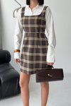 Kahverengi Ekose Desenli Mini Gömlek Elbise