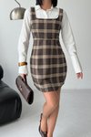 Kahverengi Ekose Desenli Mini Gömlek Elbise