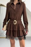 Kahverengi Gömlek Mini Kemerli Dantel Detaylı Elbise