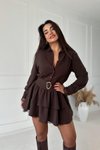 Kahverengi Katlı Mini Dantel Detaylı Gömlek Elbise