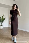 Kahverengi Kısa Kol Midi Yan Yırtmaçlı Modal Elbise