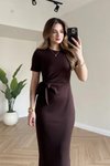 Kahverengi Kısa Kol Midi Yan Yırtmaçlı Modal Elbise