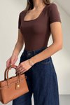 Kahverengi Kısa Kollu Kare Yaka Bodysuit
