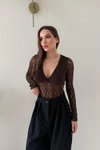 Kahverengi Kruvaze Yaka Dantel Bodysuit