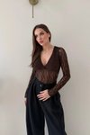 Kahverengi Kruvaze Yaka Dantel Bodysuit