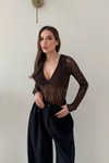Kahverengi Kruvaze Yaka Dantel Bodysuit
