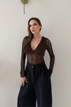 Kahverengi Kruvaze Yaka Dantel Bodysuit