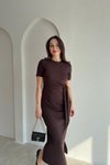 Kahverengi Midi Modal Bağlama Detaylı Elbise