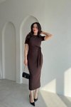 Kahverengi Midi Modal Bağlama Detaylı Elbise
