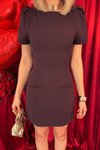 Kahverengi Mini Kısa Kollu Cep Detaylı Elbise
