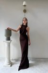 Long Cowl-Neck Sandy Lace-Detail Evening Dress - Brown