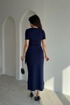 Lacivert Midi Bağlama Detaylı Yan Yırtmaçlı Modal Elbise