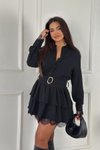 Siyah Dantel Detaylı Mini Gömlek Katlı Şifon Elbise