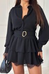 Siyah Dantel Detaylı Mini Gömlek Katlı Şifon Elbise