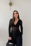 Wrap Neck Lace Bodysuit - Black