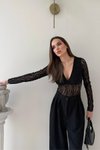 Siyah Dantel Kruvaze Yaka Bodysuit