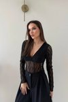 Siyah Dantel Kruvaze Yaka Bodysuit