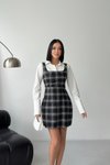 Siyah Ekose Desenli Mini Gömlek Elbise