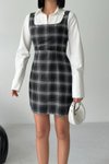 Siyah Ekose Desenli Mini Gömlek Elbise