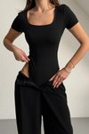 Siyah Kısa Kollu Kare Yaka Bodysuit