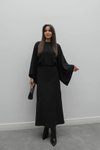 Siyah Midi Yarasa Kol Kayık Yaka Elbise