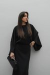 Siyah Midi Yarasa Kol Kayık Yaka Elbise