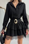 Siyah Mini Gömlek Kemerli Dantel Detaylı Elbise