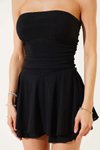 Siyah Straplez Mini Büzgülü Eteği Şortlu Elbise