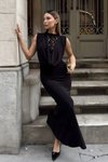Long Cowl Neck Sandy Lace Detail Evening Dress - Black