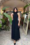Long Flowy Turtleneck Evening Dress - Black