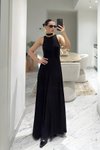 Long Flowy Sleeveless Mock Neck Evening Dress - Black