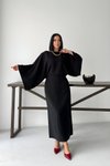Long Loose Batwing Sleeve Tie-Back Slit Dress - Black