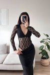 V-Neck Lace Bodysuit - Black