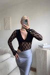 Siyah V Yaka Uzun Kollu Dantel Bodysuit