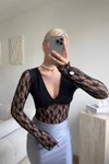 Siyah V Yaka Uzun Kollu Dantel Bodysuit