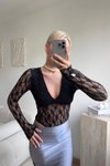Siyah V Yaka Uzun Kollu Dantel Bodysuit