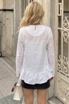 Beyaz Pamuk Keten Arkası Uzun Rahat Kesim Fırfırlı Bluz