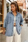 Buz Mavi Kar Yıkama Oversize Cepli Denim Gömlek Ceket