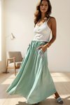 Mint Yeşili Uzun Beli Lastikli Cepli Hasır Detaylı Kloş Etek