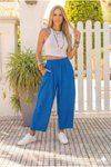 Saks Mavi Rahat Kalıp Müslin Beli Lastikli Cepli Pantolon
