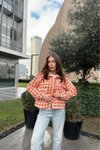 Turuncu Ekose Kısa Cepli Kaşe Ceket