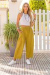 Yağ Yeşili Rahat Kalıp Beli Lastikli Müslin Pantolon