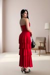 Kırmızı Midi Straplez Asimetrik Şifon Elbise