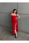 Kırmızı Midi Straplez Asimetrik Şifon Elbise