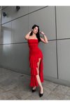 Kırmızı Midi Straplez Asimetrik Şifon Elbise