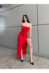 Kırmızı Midi Straplez Asimetrik Şifon Elbise