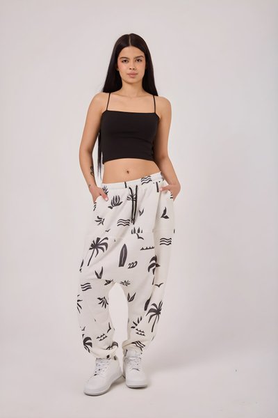 بنطلون شروال رياضي أبيض مطبوع