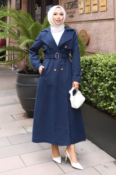 Buttoned Belted Trench Coat - Indigo