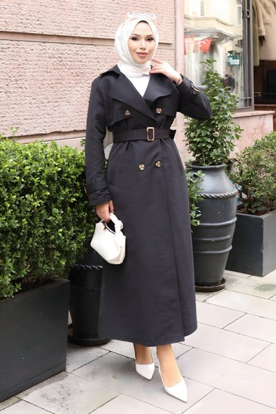 Buttoned Belted Trench Coat - Black