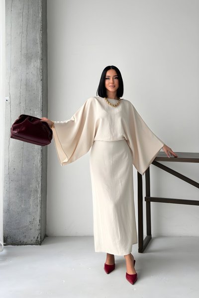 Long Loose Batwing Sleeve Slit Back-Tie Dress - Beige